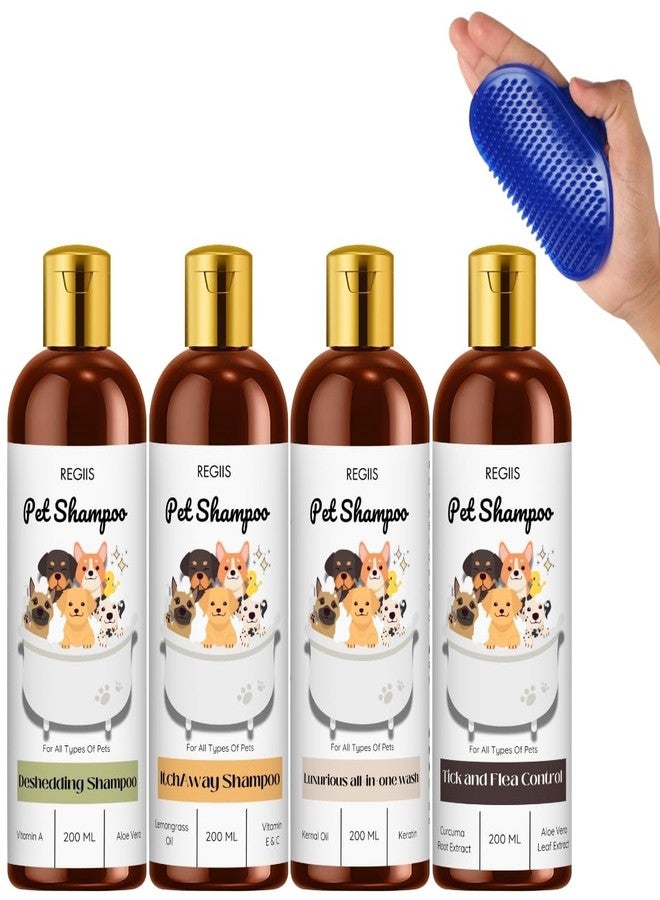 مجموعة شامبو ريجيس للحيوانات الأليفة، مجموعة شامبو للكلاب مع تركيبة لإزالة الشعر الزائد، وتخفيف الحكة، وغسول شامل، ومكافحة القراد والبراغيث، زجاجات سعة 200 مل مع فرشاة تنظيف، عبوة من 5 قطع - Image 1